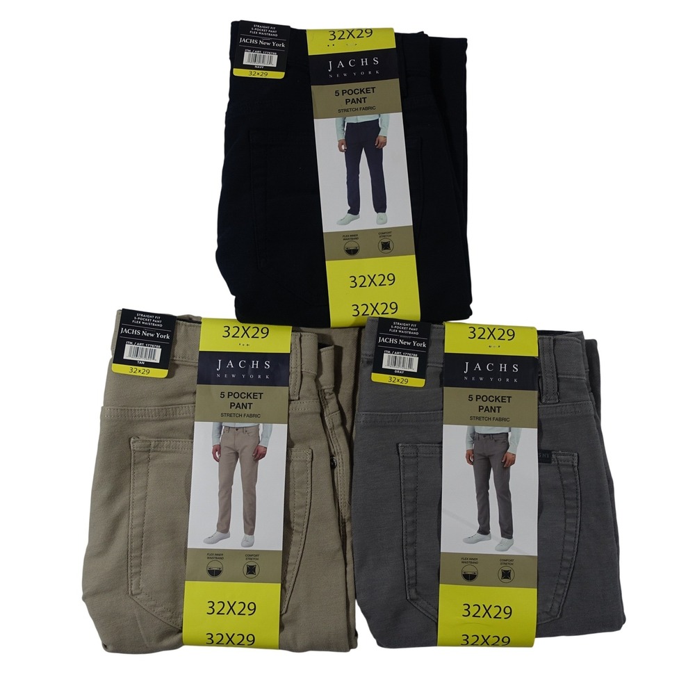Jachs New York Mens 32x29 Navy Gray Tan 5 Pocket Stretch Fabric Pants 3 Pair